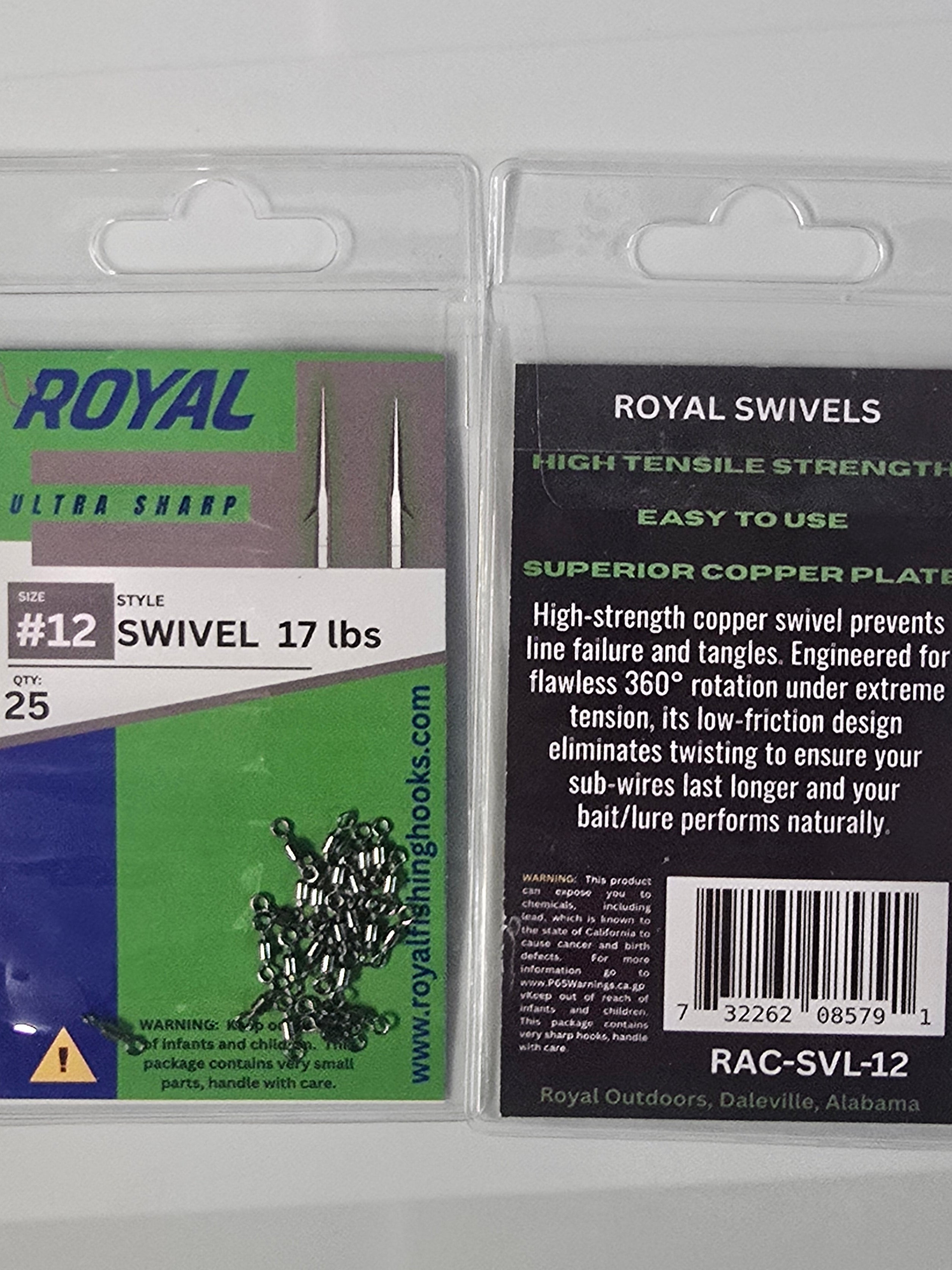 Two packaged Royal Swivel fishing line tips shown side by side on a white background. The left package contains the swivels with a green and white label, and the right package shows the back of the packaging with product details, barcode, and text.