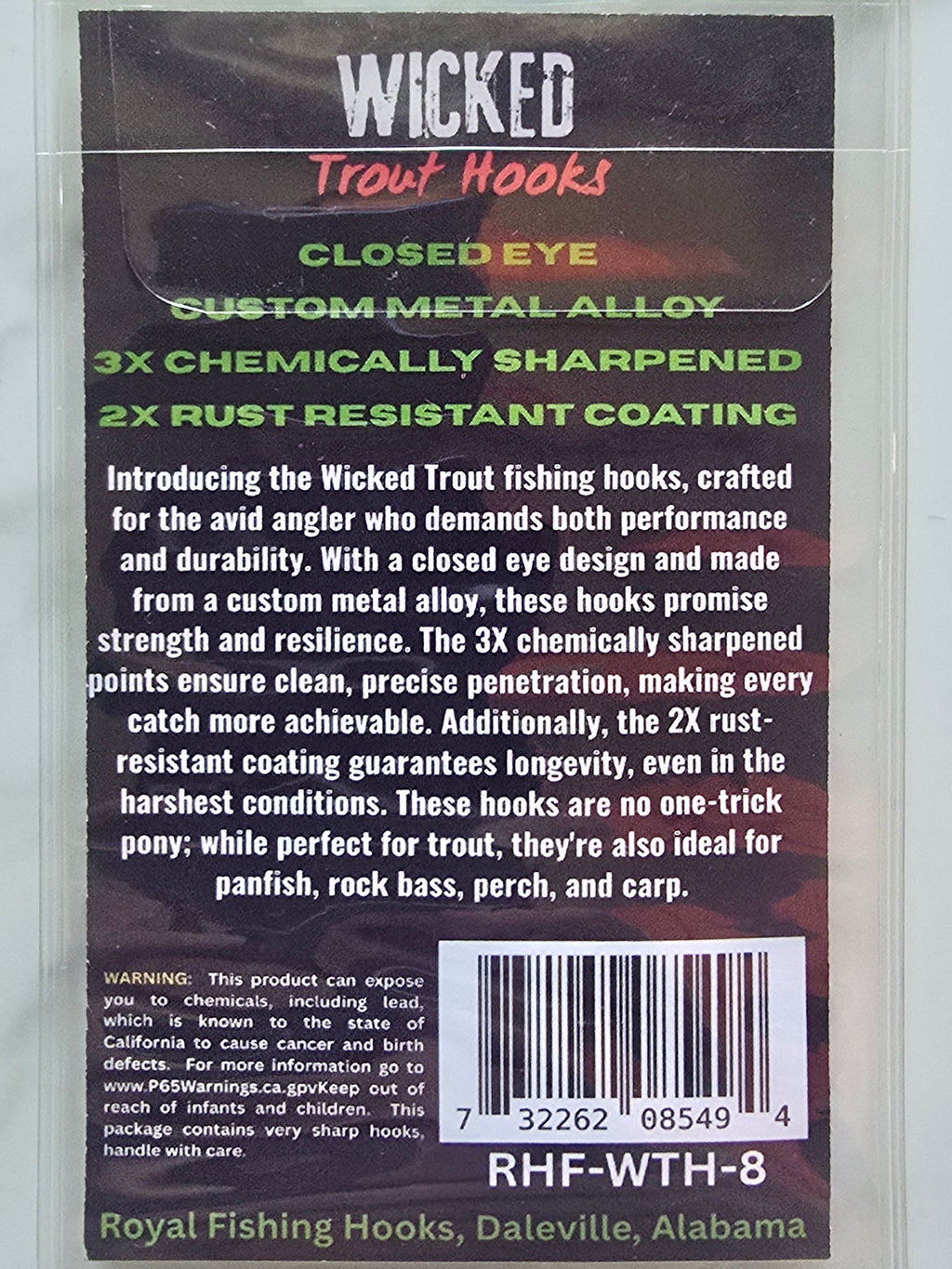 Back label of a pack of Wicked Trout Hooks custom metal alloy fishing hooks, enclosed in a clear plastic protective sleeve, on a white marble background.