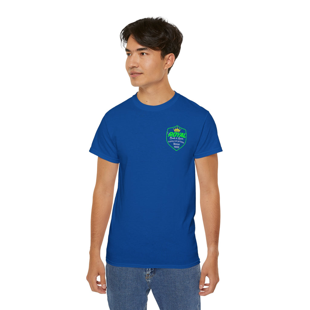 Green Shield T-Shirt Featuring BOATS and HOOKS Gift for Anglers, Summer Apparel, Outdoor Activity Shirt, Casual Fishing Wear