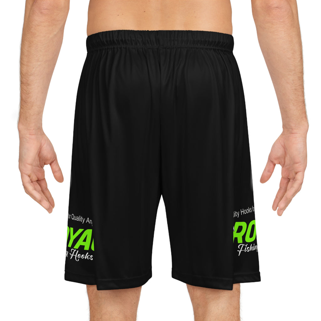 BLACK Fishing Logo Basketball Shorts — Royal Fishing AOP Athletic Shorts
