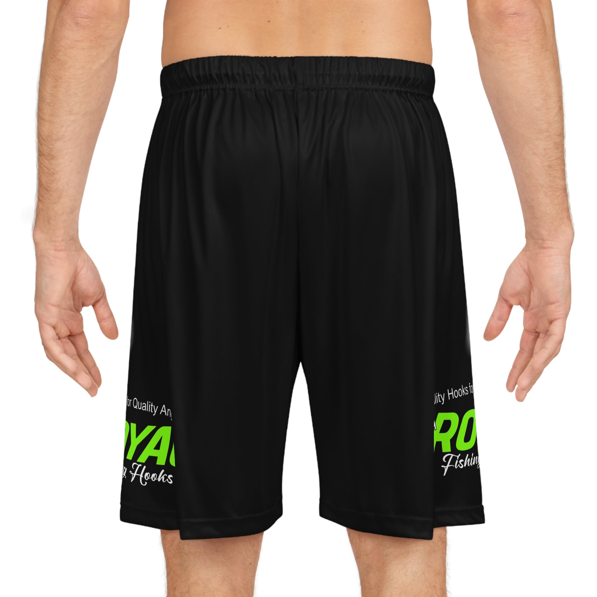 BLACK Fishing Logo Basketball Shorts — Royal Fishing AOP Athletic Shorts