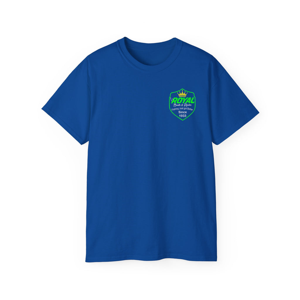 Green Shield T-Shirt Featuring BOATS and HOOKS Gift for Anglers, Summer Apparel, Outdoor Activity Shirt, Casual Fishing Wear