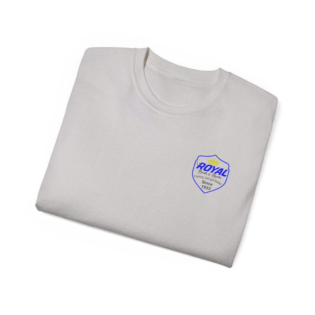 Blue Lettering Tee BOATS and HOOKS Gift for Anglers, Summer Apparel, Outdoor Activity Shirt, Casual Fishing Wear