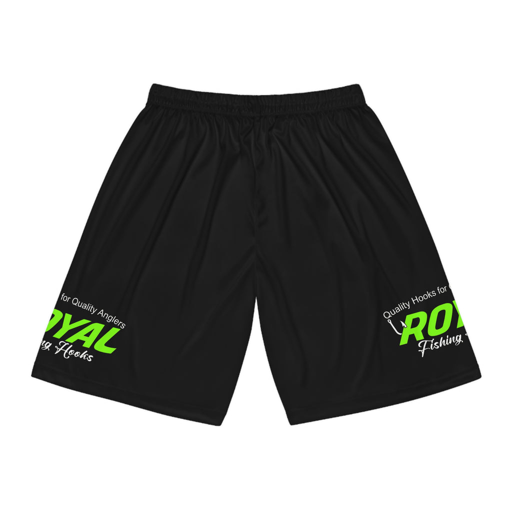 BLACK Fishing Logo Basketball Shorts — Royal Fishing AOP Athletic Shorts