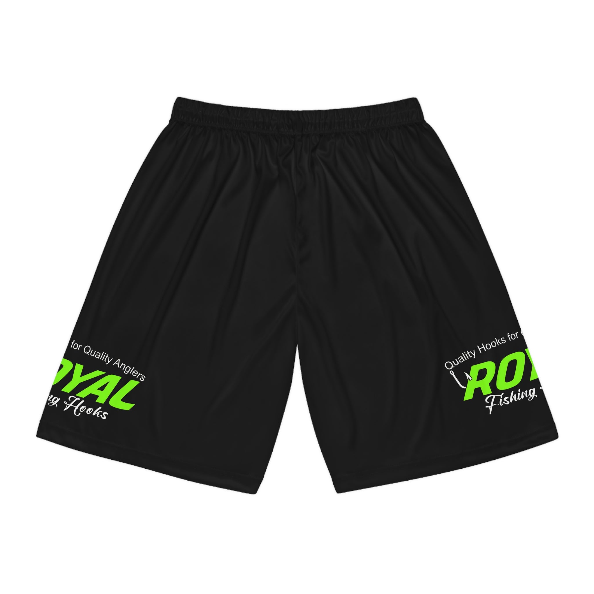 BLACK Fishing Logo Basketball Shorts — Royal Fishing AOP Athletic Shorts